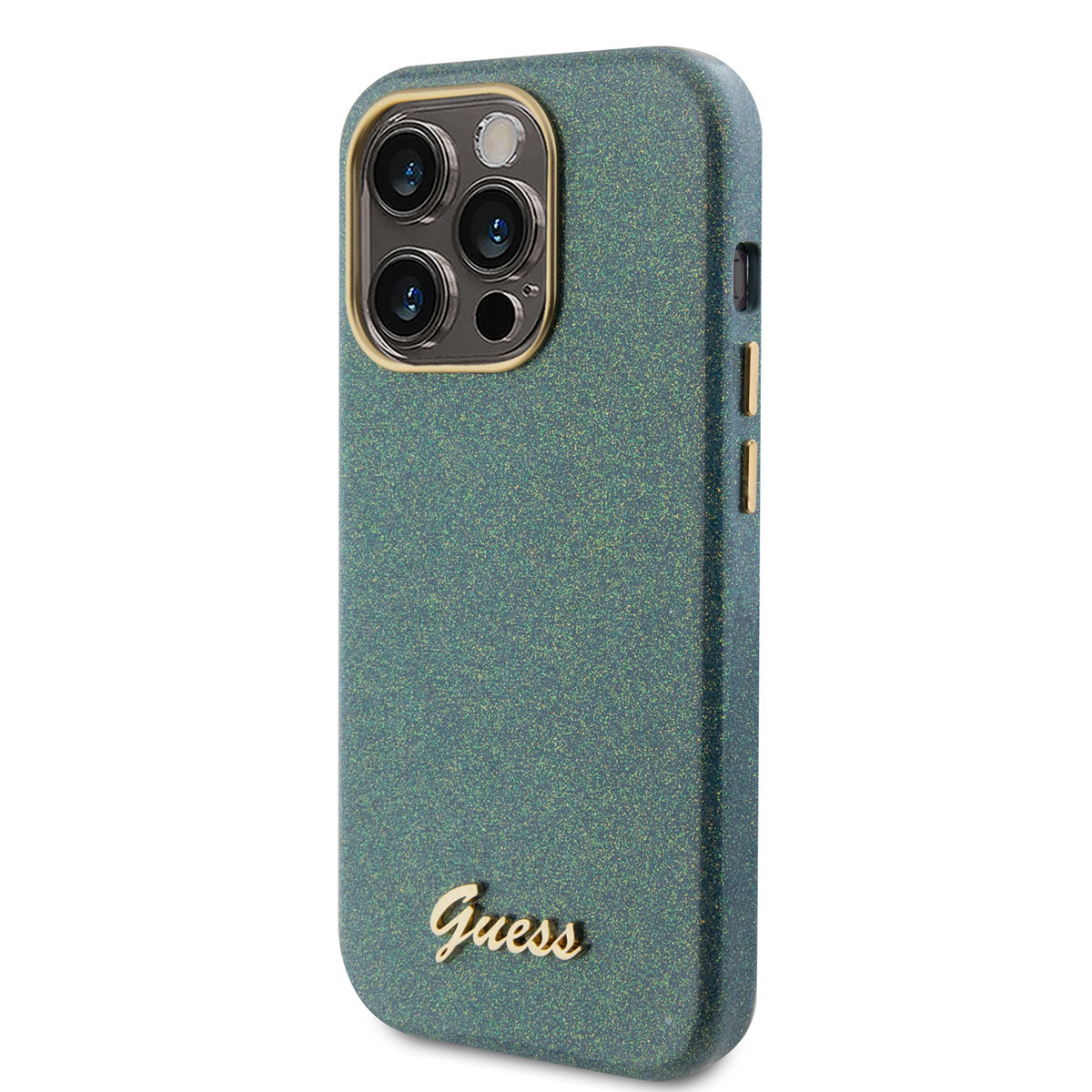 GUESS iPhone 15 Pro TPU Back Cover hoesje - Glitter Glossy Script - Khaki - detail 1