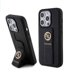 GUESS iPhone 15 Pro hoesje - Saffiano Gripstand - 4G Strass Metal Logo - Zwart - productfoto