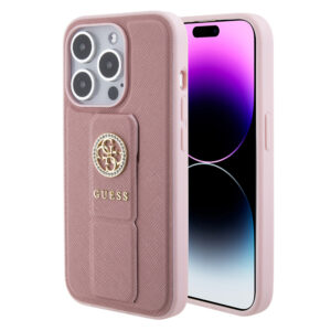 GUESS iPhone 15 Pro hoesje - Saffiano Gripstand - 4G Strass Metal Logo - Roze - productfoto