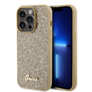 GUESS iPhone 15 Pro Hardcase hoesje - Metal Script - Disco Goud - productfoto