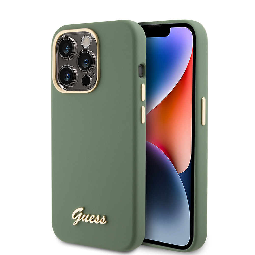 GUESS iPhone 15 Pro hoesje Script metal logo - Kaki - productfoto