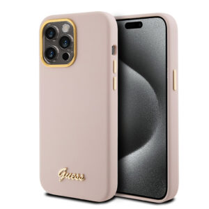 GUESS iPhone 15 Pro hoesje Script metal logo - Roze - productfoto