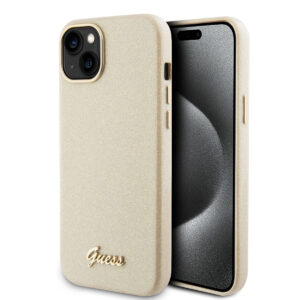 GUESS iPhone 15 Plus TPU Back Cover hoesje - Glitter Glossy Script - Goud - productfoto