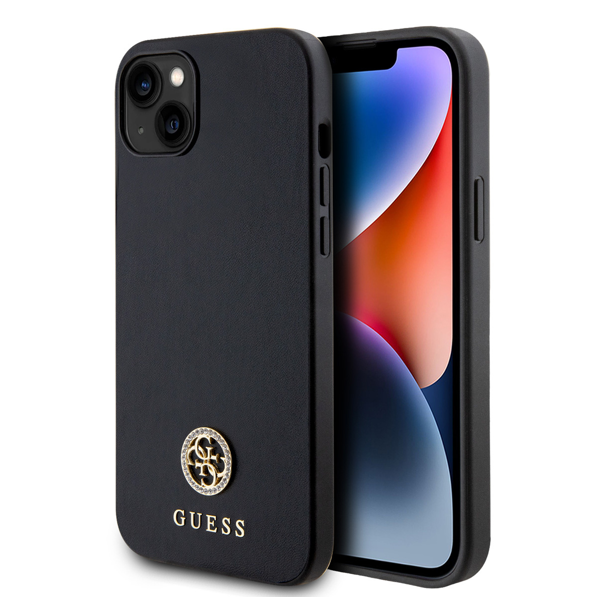 GUESS iPhone 15 Plus Hardcase hoesje - 4G Metal Logo - Strass - Zwart - productfoto