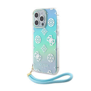 GUESS iPhone 15 Pro Max hoesje Iridescent - Glitter pattern peony - cordstrap - Turquoise - productfoto