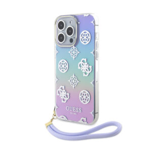 GUESS iPhone 15 Pro Max hoesje Iridescent - Glitter pattern peony - cordstrap - Paars - productfoto