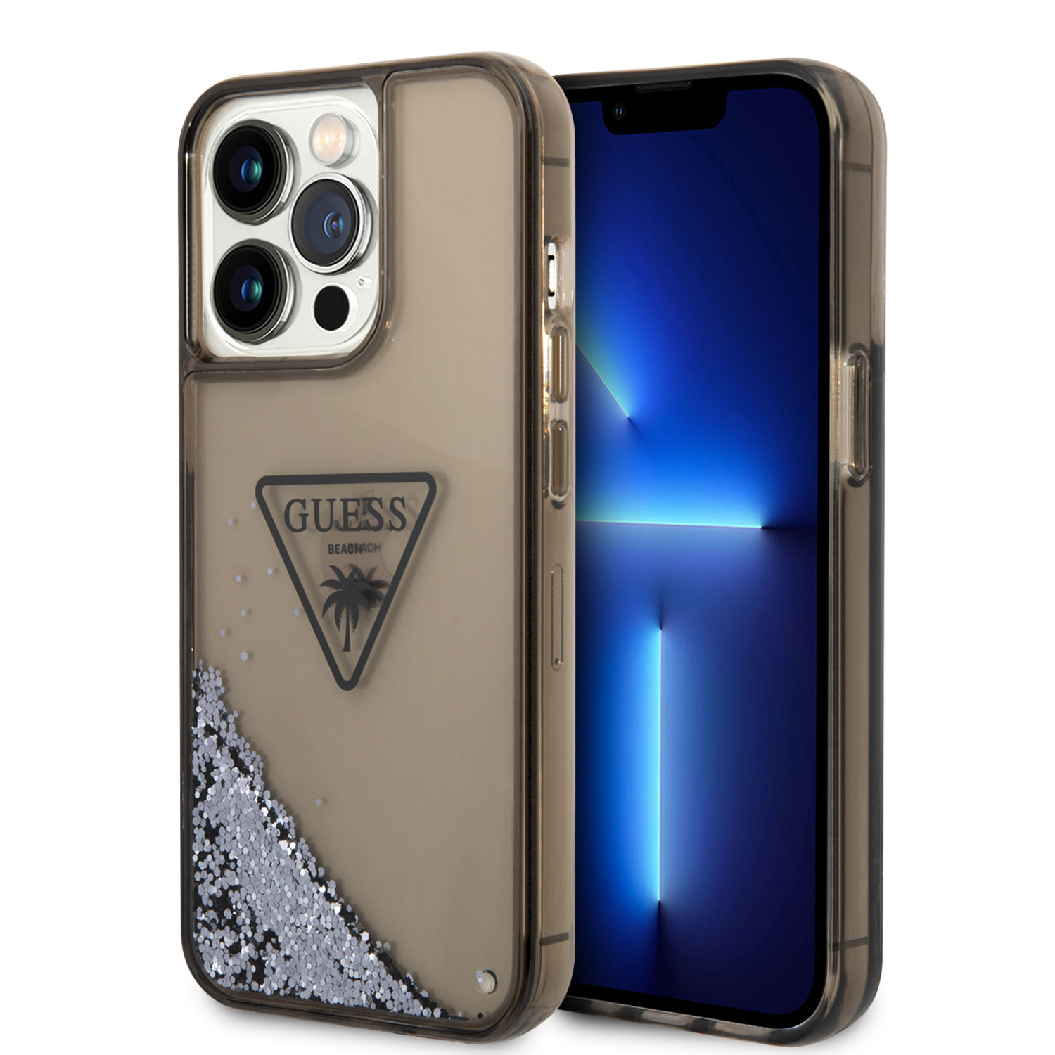 GUESS iPhone 15 Pro Max hoesje - Liquid Glitter - Translucent Logo - Zwart - productfoto