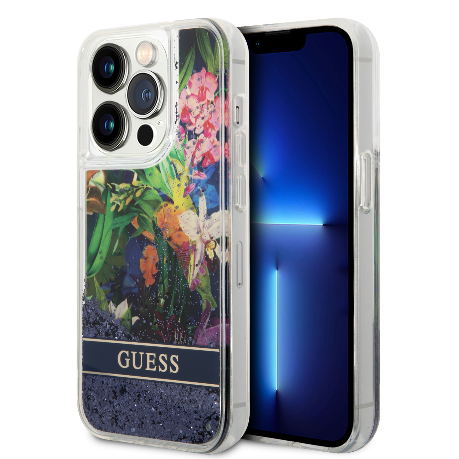 GUESS iPhone 15 Pro Max hoesje - Liquid Glitter - Flower Pattern - Blauw - productfoto