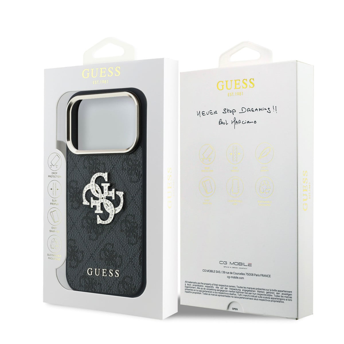 GUESS iPhone 18 Pro Case hard shell - 4G - PU - large rhinestone logo Zwart - detail 6