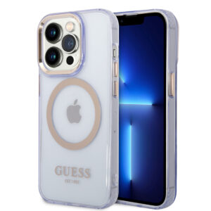GUESS iPhone 14 Pro hoesje - Gold Buttons & Camera - Magsafe Compatible - Doorzichtig - Paars - productfoto