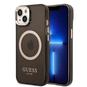GUESS iPhone 14 Plus hoesje - Gold Buttons & Camera - Magsafe Compatible - Doorzichtig - Zwart - productfoto