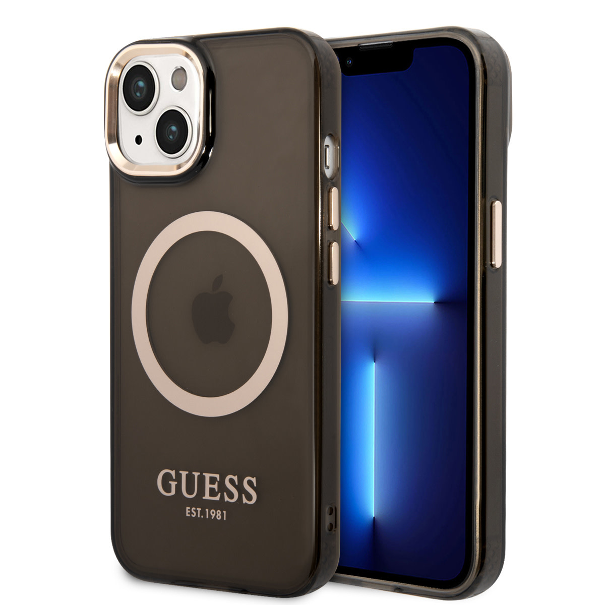 GUESS iPhone 14 Plus hoesje - Gold Buttons & Camera - Magsafe Compatible - Doorzichtig - Zwart - productfoto