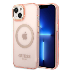 GUESS iPhone 14 Plus hoesje - Gold Buttons & Camera - Magsafe Compatible - Doorzichtig - Roze - productfoto