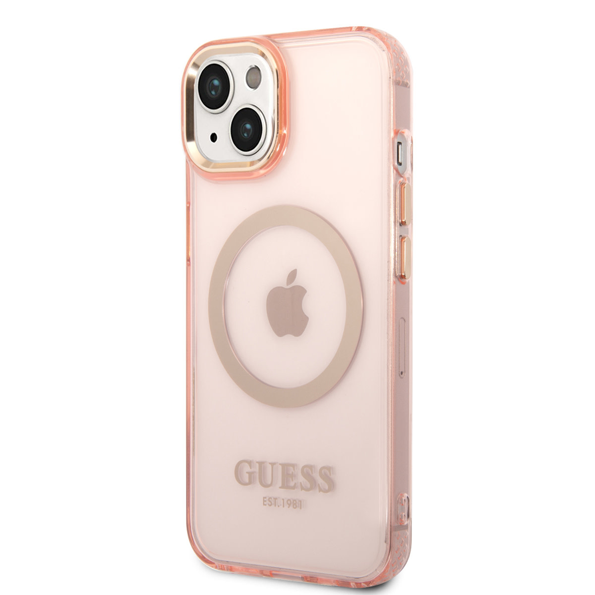 GUESS iPhone 14 Plus hoesje - Gold Buttons & Camera - Magsafe Compatible - Doorzichtig - Roze - detail 2
