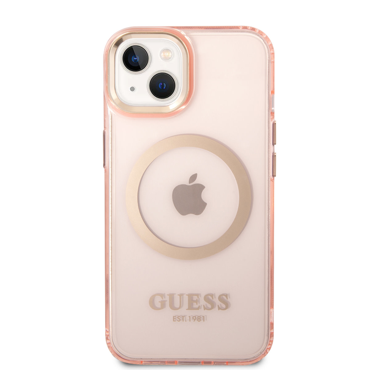 GUESS iPhone 14 Plus hoesje - Gold Buttons & Camera - Magsafe Compatible - Doorzichtig - Roze - detail 1