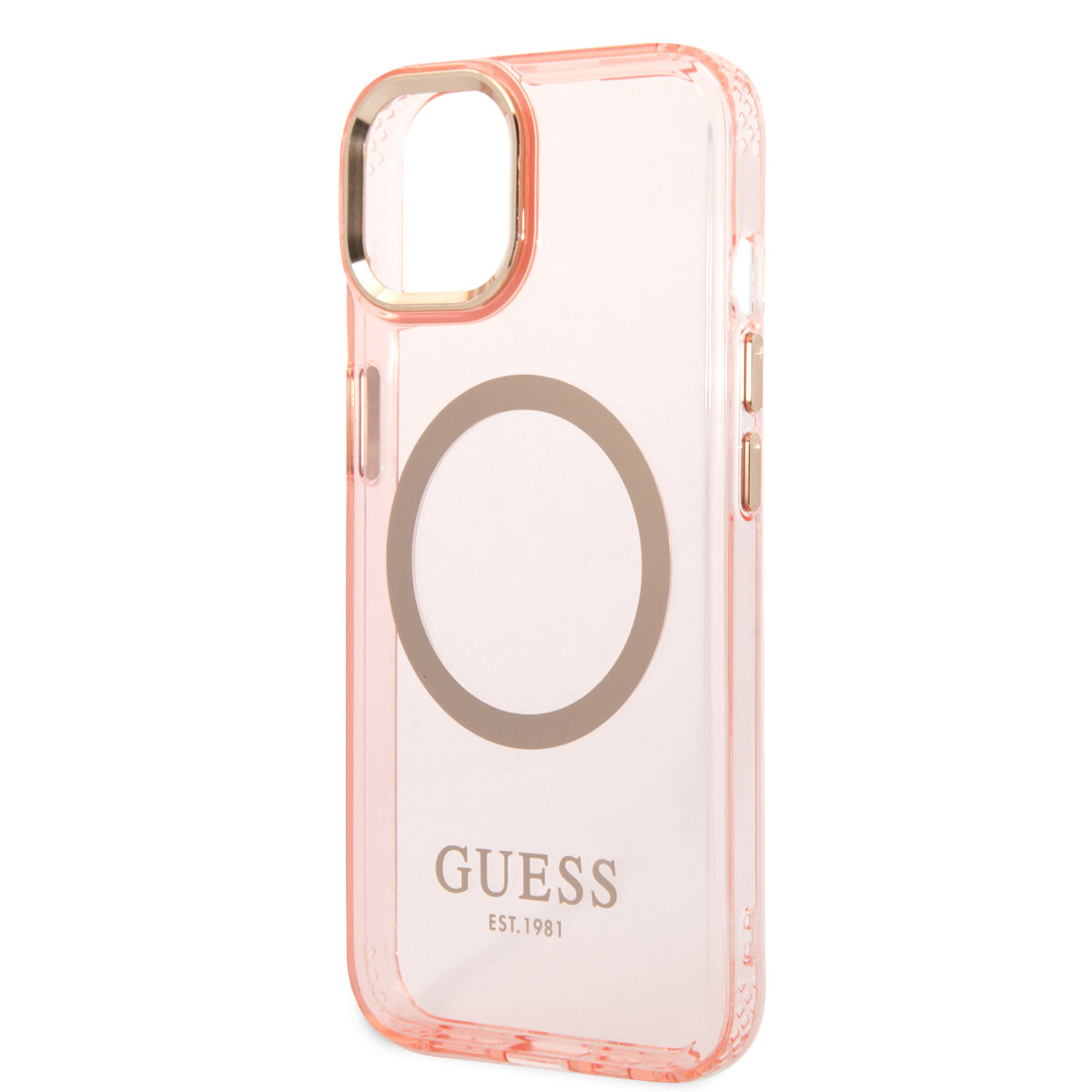 GUESS iPhone 14 Plus hoesje - Gold Buttons & Camera - Magsafe Compatible - Doorzichtig - Roze - detail 4
