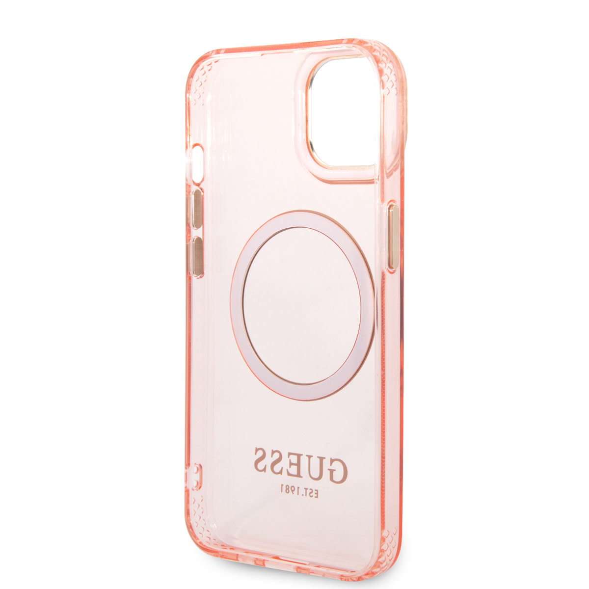 GUESS iPhone 14 Plus hoesje - Gold Buttons & Camera - Magsafe Compatible - Doorzichtig - Roze - detail 5