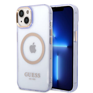 GUESS iPhone 14 Plus hoesje - Gold Buttons & Camera - Magsafe Compatible - Doorzichtig - Paars - productfoto