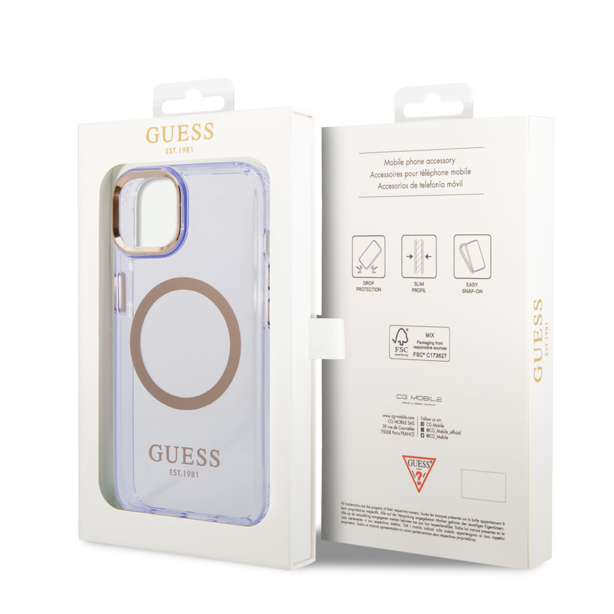 GUESS iPhone 14 Plus hoesje - Gold Buttons & Camera - Magsafe Compatible - Doorzichtig - Paars - detail 6