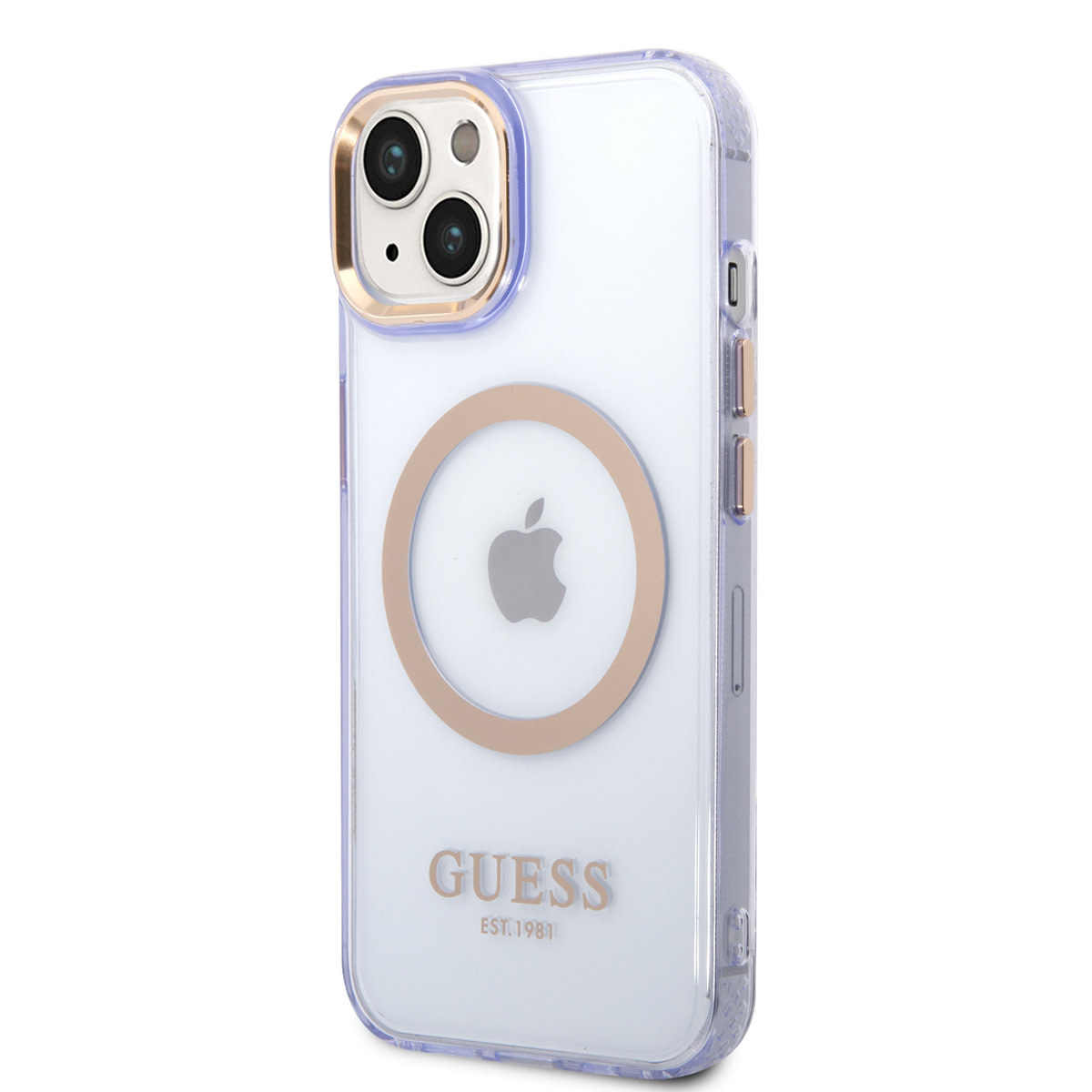 GUESS iPhone 14 Plus hoesje - Gold Buttons & Camera - Magsafe Compatible - Doorzichtig - Paars - detail 1