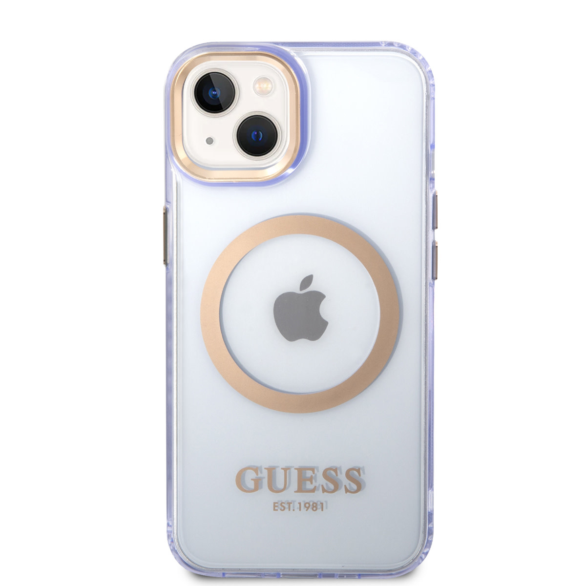 GUESS iPhone 14 Plus hoesje - Gold Buttons & Camera - Magsafe Compatible - Doorzichtig - Paars - detail 2