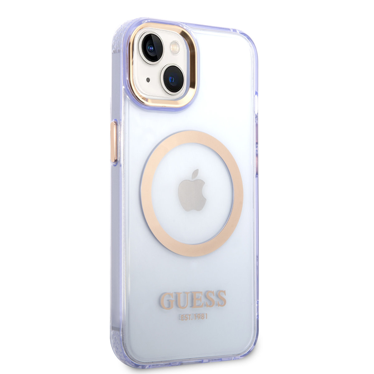 GUESS iPhone 14 Plus hoesje - Gold Buttons & Camera - Magsafe Compatible - Doorzichtig - Paars - detail 3