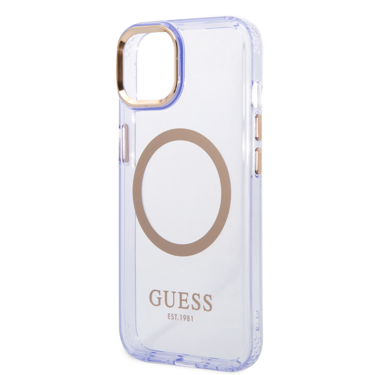 GUESS iPhone 14 Plus hoesje - Gold Buttons & Camera - Magsafe Compatible - Doorzichtig - Paars - detail 4