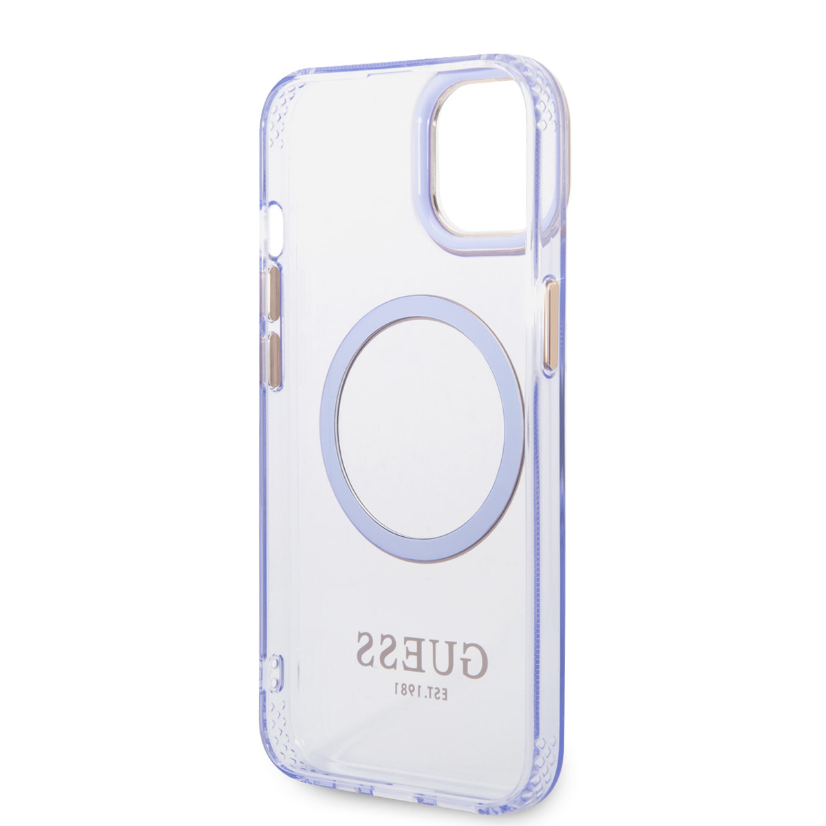 GUESS iPhone 14 Plus hoesje - Gold Buttons & Camera - Magsafe Compatible - Doorzichtig - Paars - detail 5