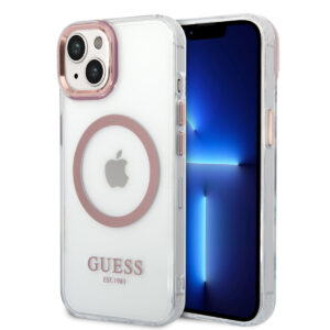 GUESS iPhone 14 Plus hoesje - Pink Camera & Buttons - Magsafe Compatible - Transparant - productfoto