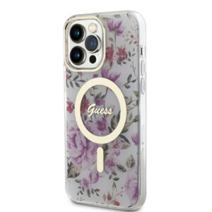GUESS iPhone 15 Pro hoesje - Magsafe - Flower Pattern - Transparant - productfoto