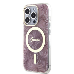 GUESS iPhone 15 Pro hoesje - Magsafe - Jungle Pattern - Roze - productfoto