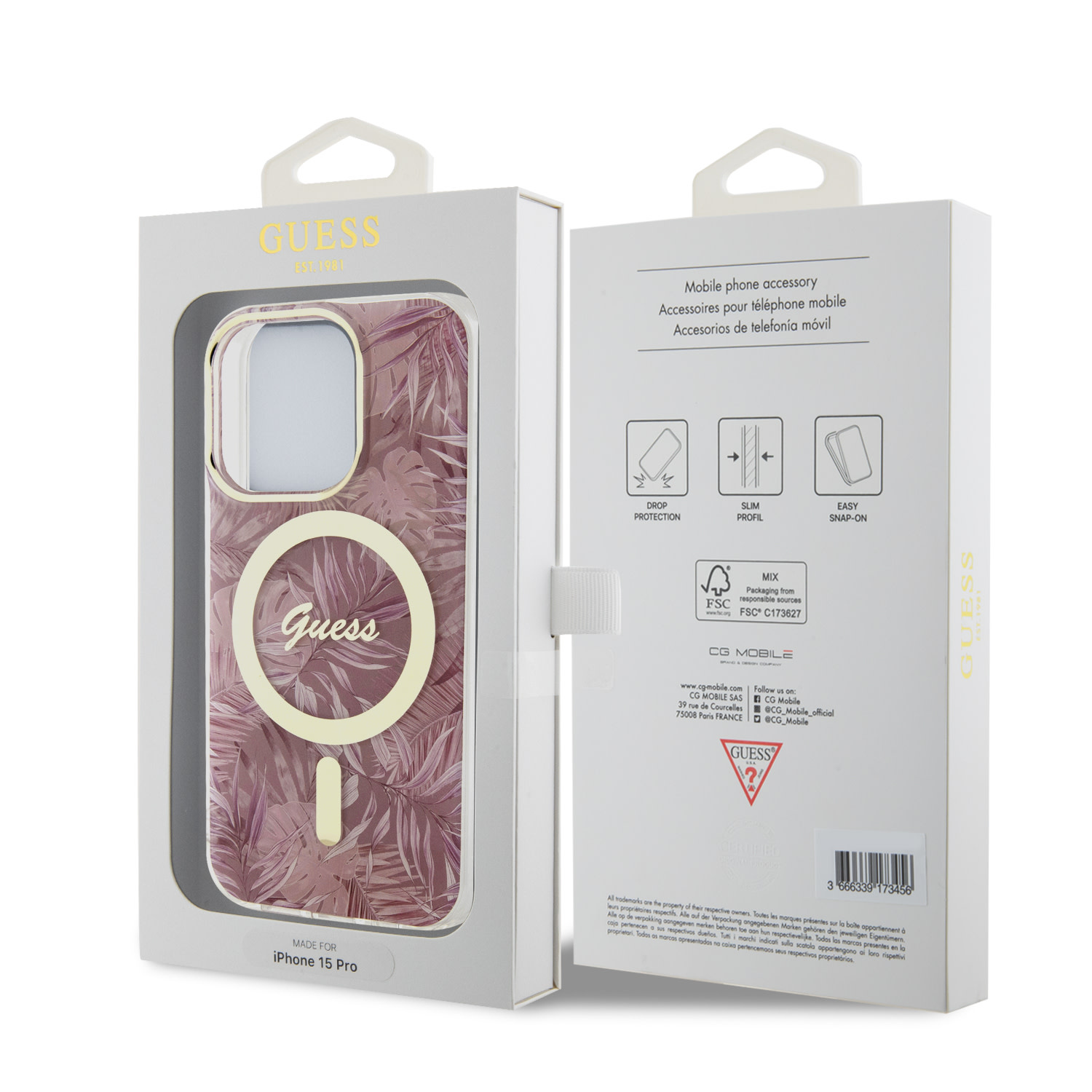 GUESS iPhone 15 Pro hoesje - Magsafe - Jungle Pattern - Roze - detail 7