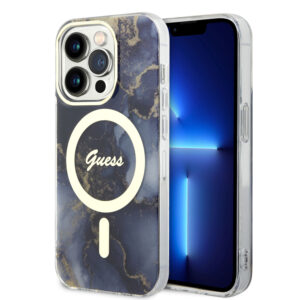 GUESS iPhone 15 Pro hoesje - Magsafe - Marble Pattern - Blauw - productfoto
