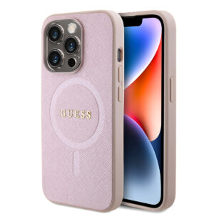 GUESS iPhone 15 Pro Hardcase hoesje - Magsafe Compatible - Saffiano - Roze - productfoto