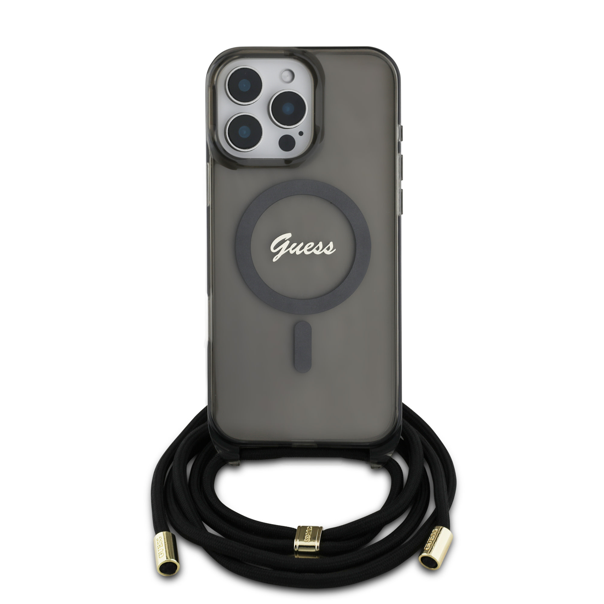 GUESS iPhone 16 Pro hoesje Magsafe IML crossbody cord script - Zwart - productfoto