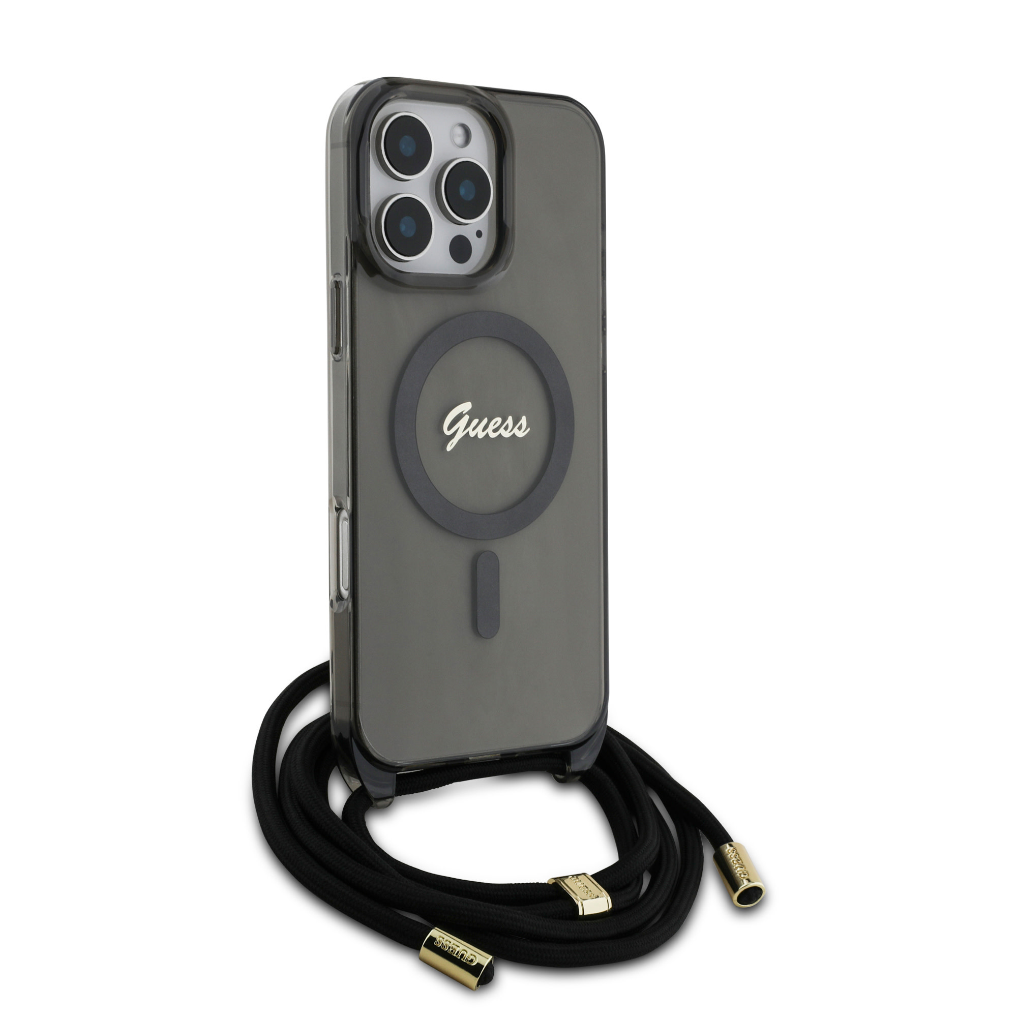 GUESS iPhone 16 Pro hoesje Magsafe IML crossbody cord script - Zwart - detail 2