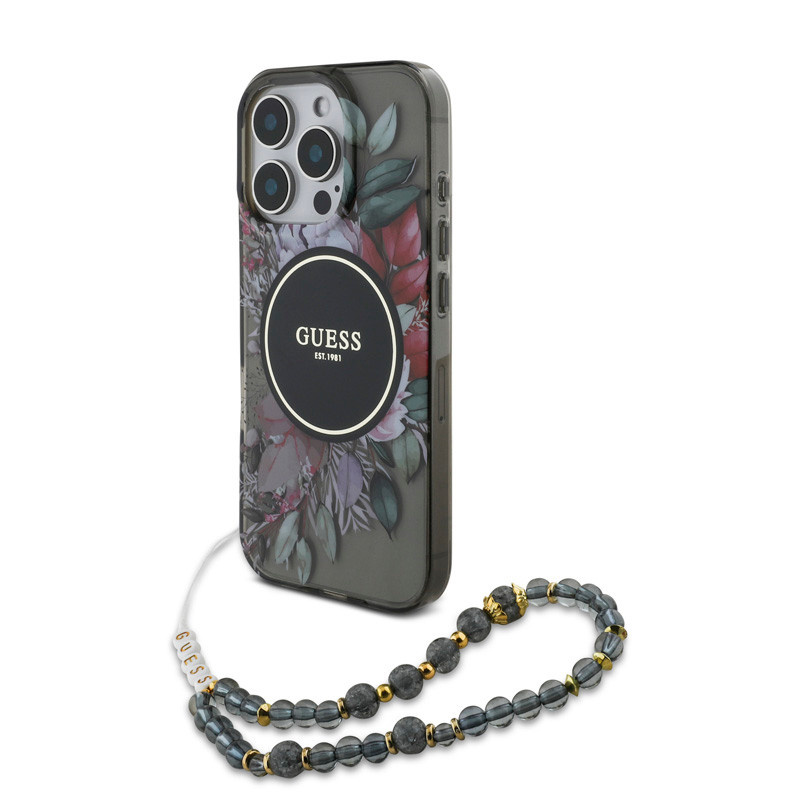 GUESS iPhone 16 Pro hoesje Magsafe IML Flowers with pearl strap - Zwart - detail 1