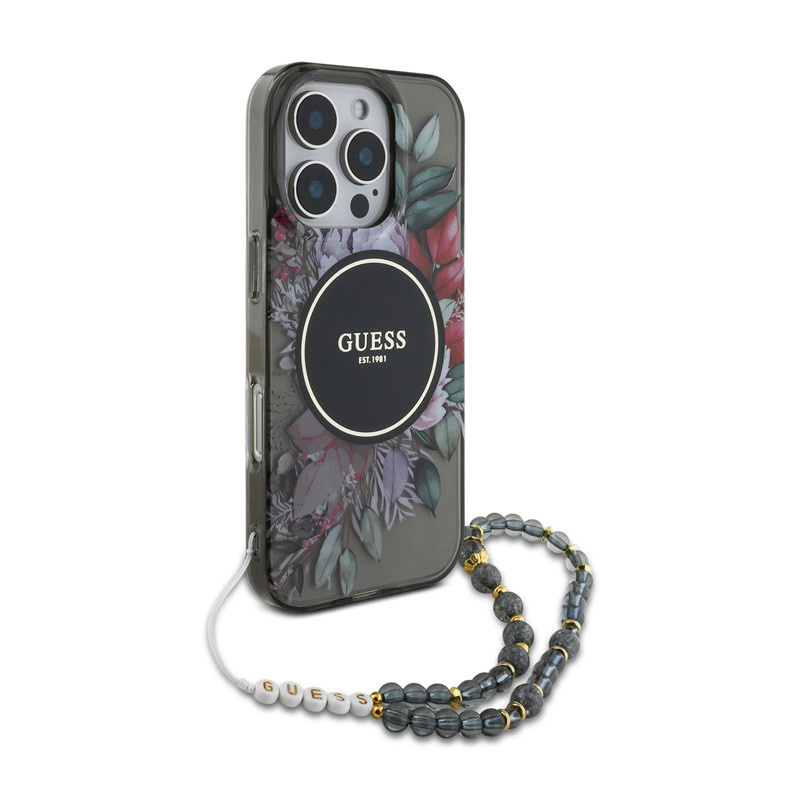 GUESS iPhone 16 Pro hoesje Magsafe IML Flowers with pearl strap - Zwart - detail 2