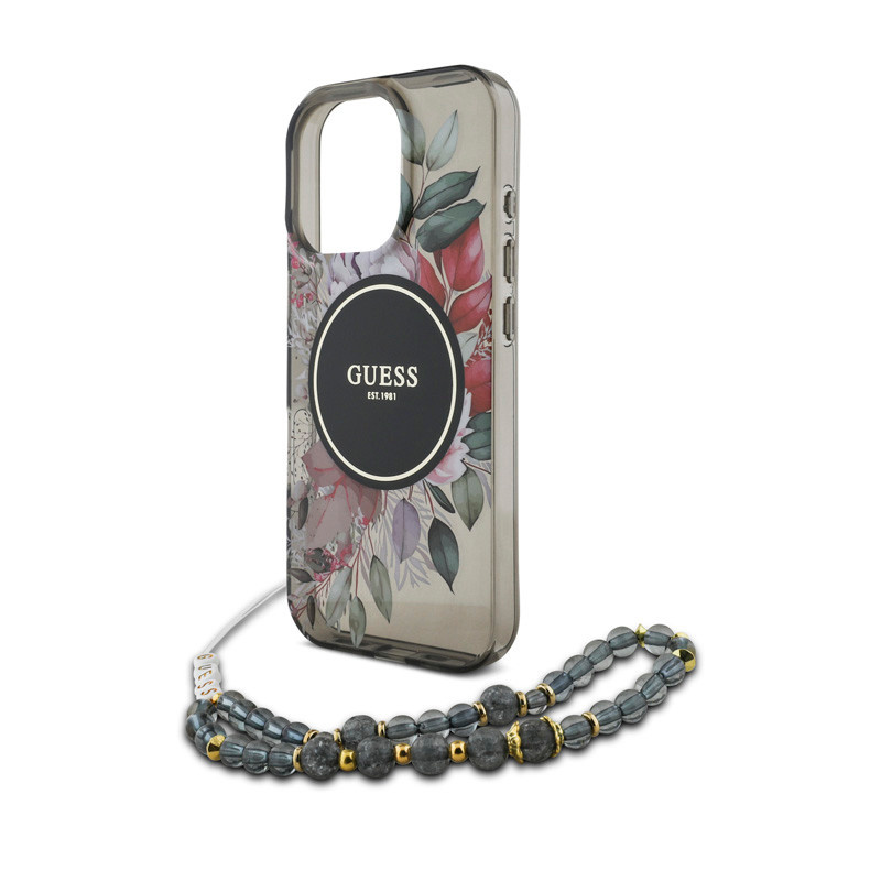 GUESS iPhone 16 Pro hoesje Magsafe IML Flowers with pearl strap - Zwart - detail 3