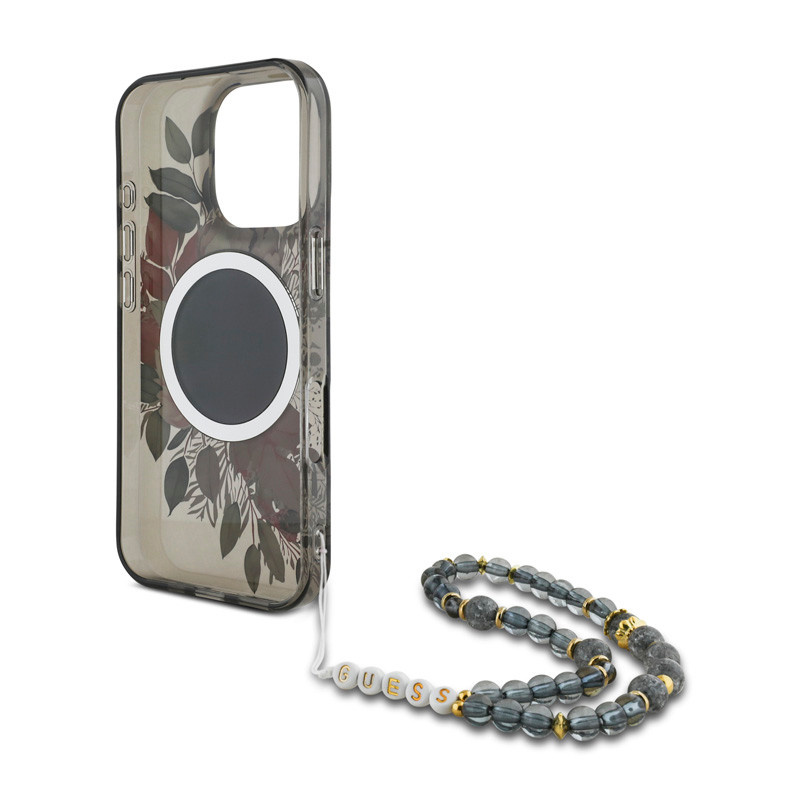 GUESS iPhone 16 Pro hoesje Magsafe IML Flowers with pearl strap - Zwart - detail 4
