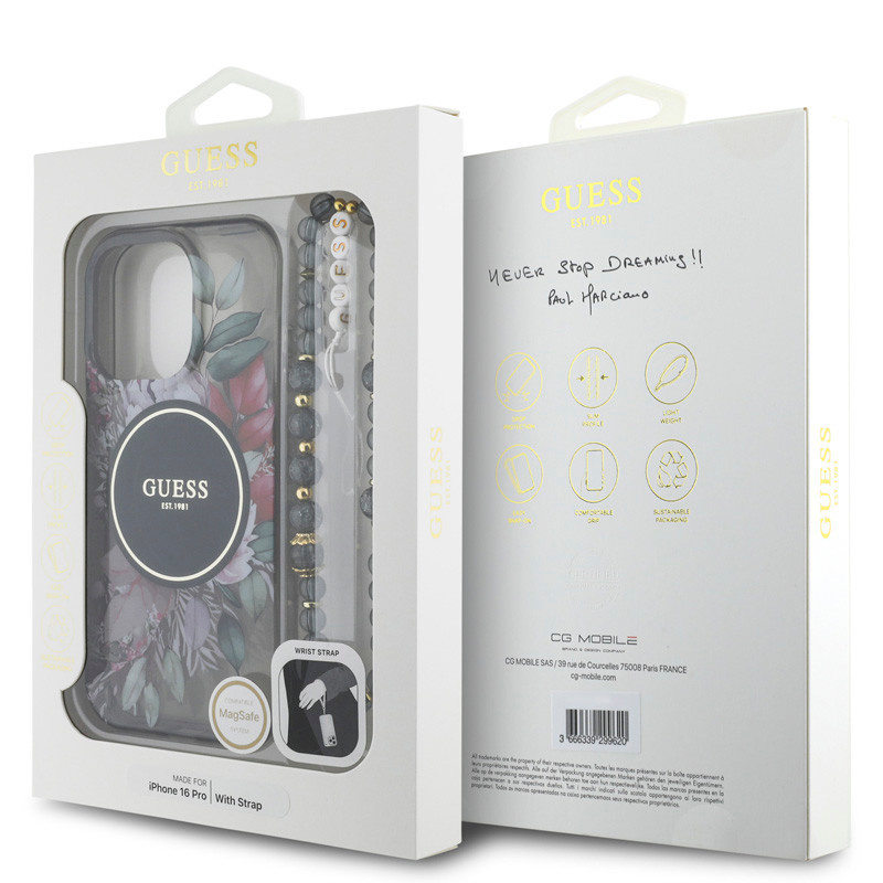 GUESS iPhone 16 Pro hoesje Magsafe IML Flowers with pearl strap - Zwart - detail 6