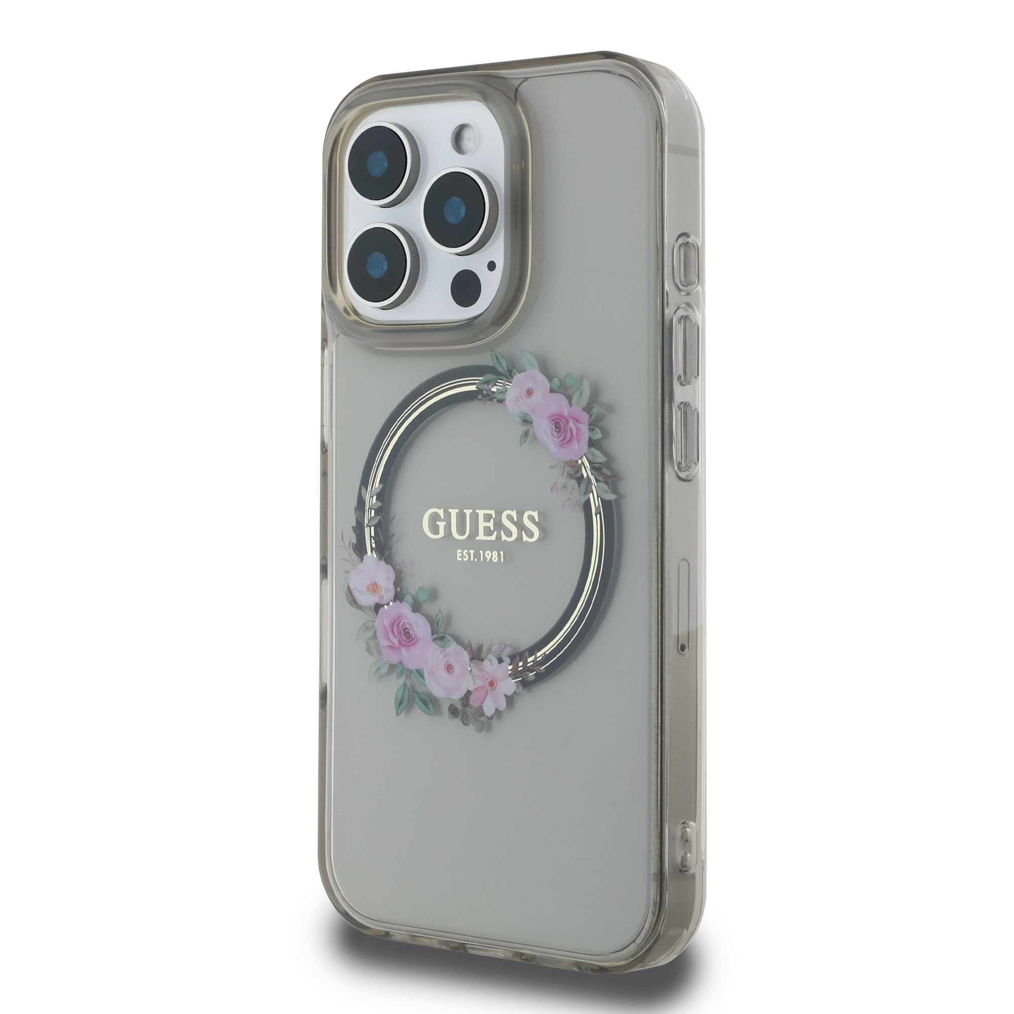 GUESS iPhone 16 Pro hoesje Magsafe IML flowers wreath - Zwart - detail 1