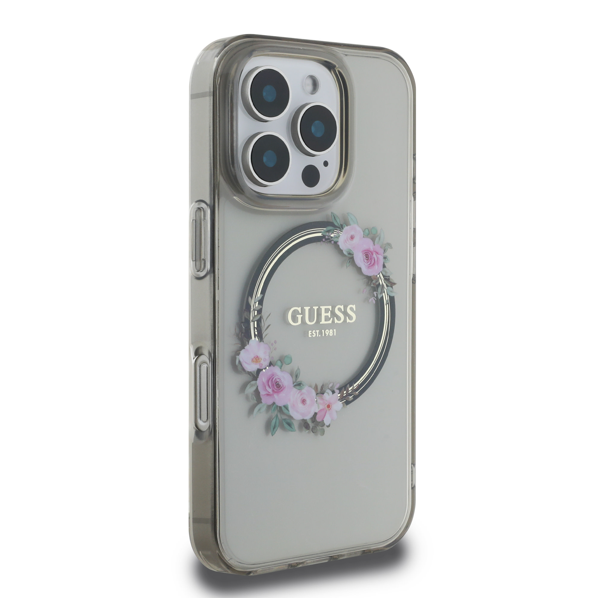 GUESS iPhone 16 Pro hoesje Magsafe IML flowers wreath - Zwart - detail 3