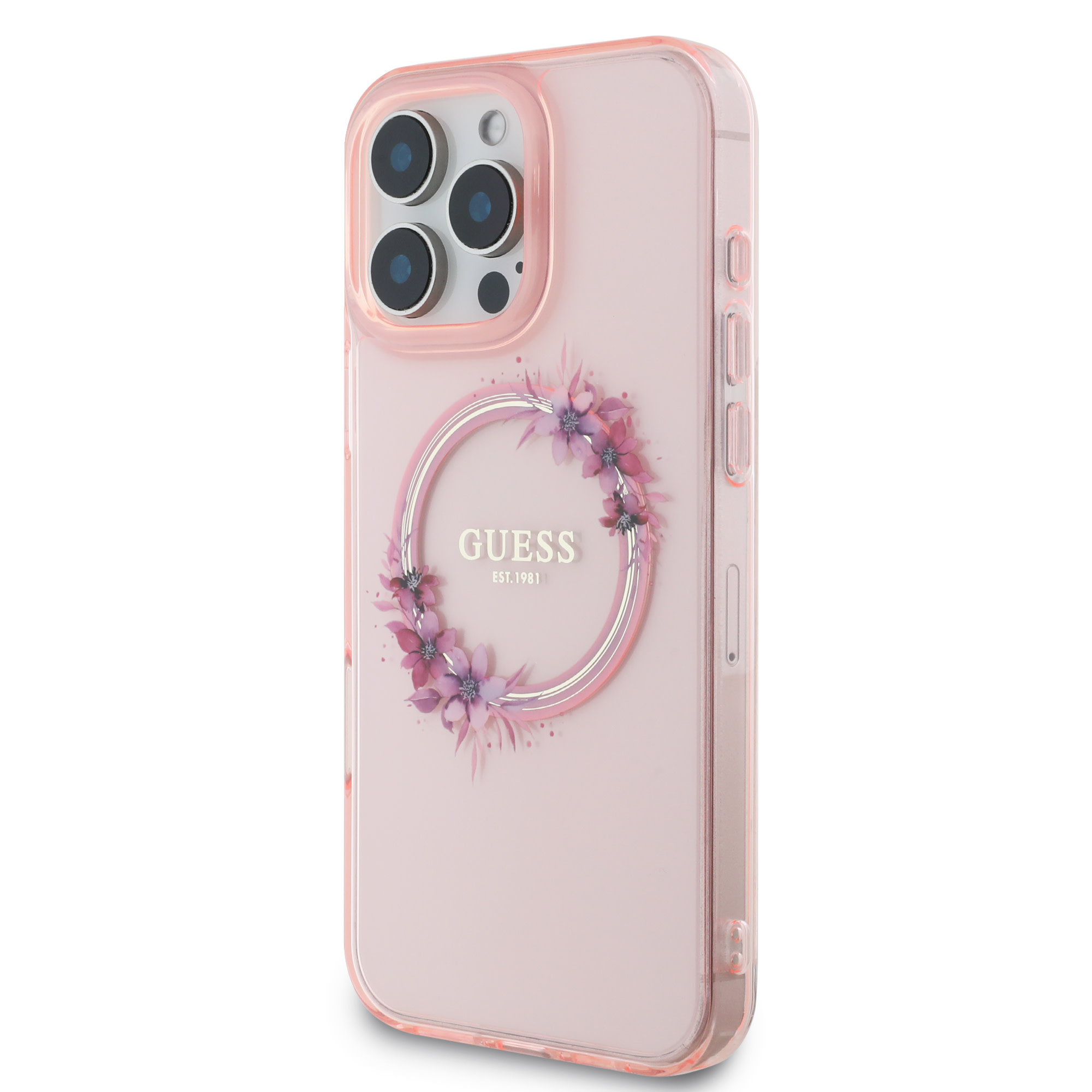 GUESS iPhone 16 Pro hoesje Magsafe IML flowers wreath - Roze - detail 1