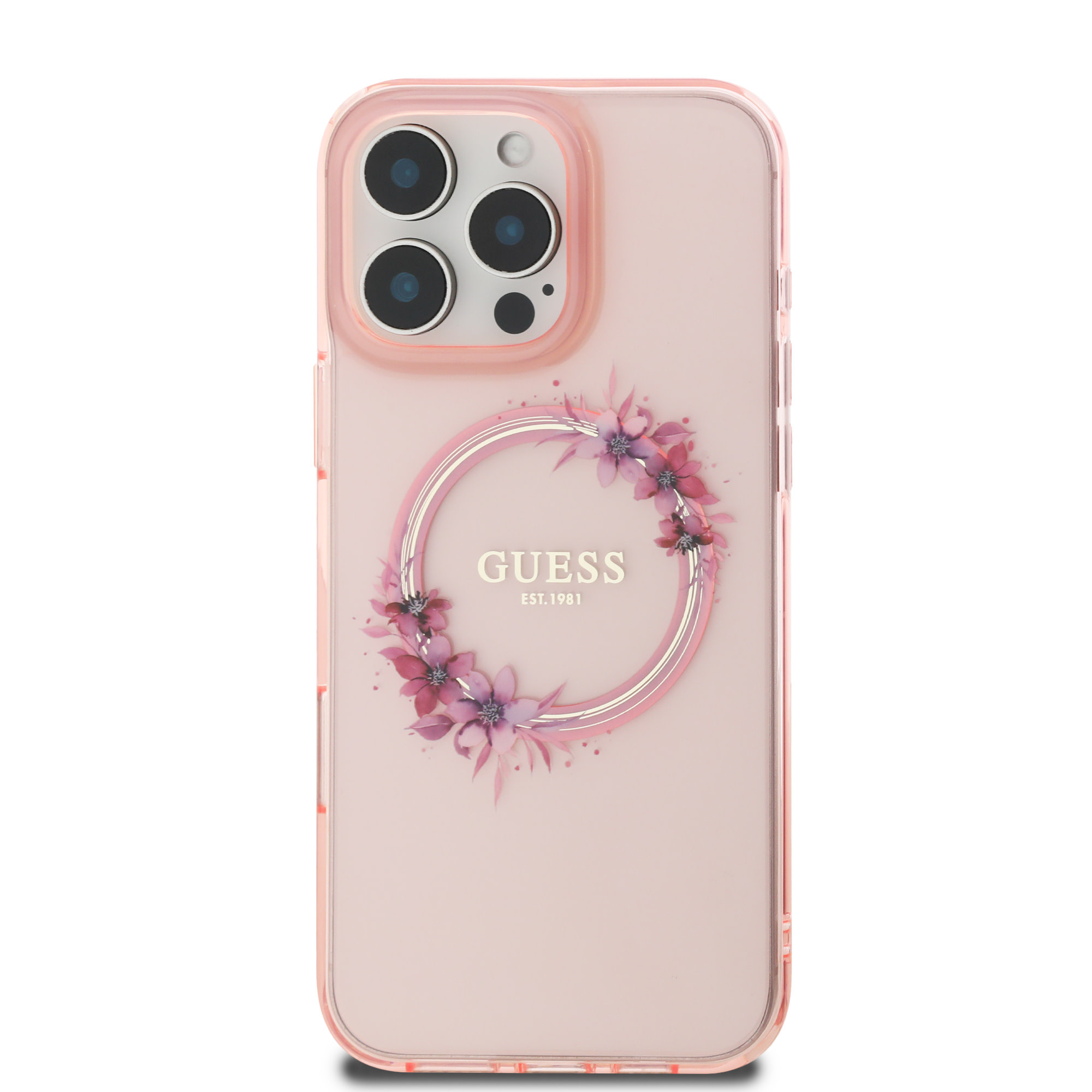 GUESS iPhone 16 Pro hoesje Magsafe IML flowers wreath - Roze - detail 2