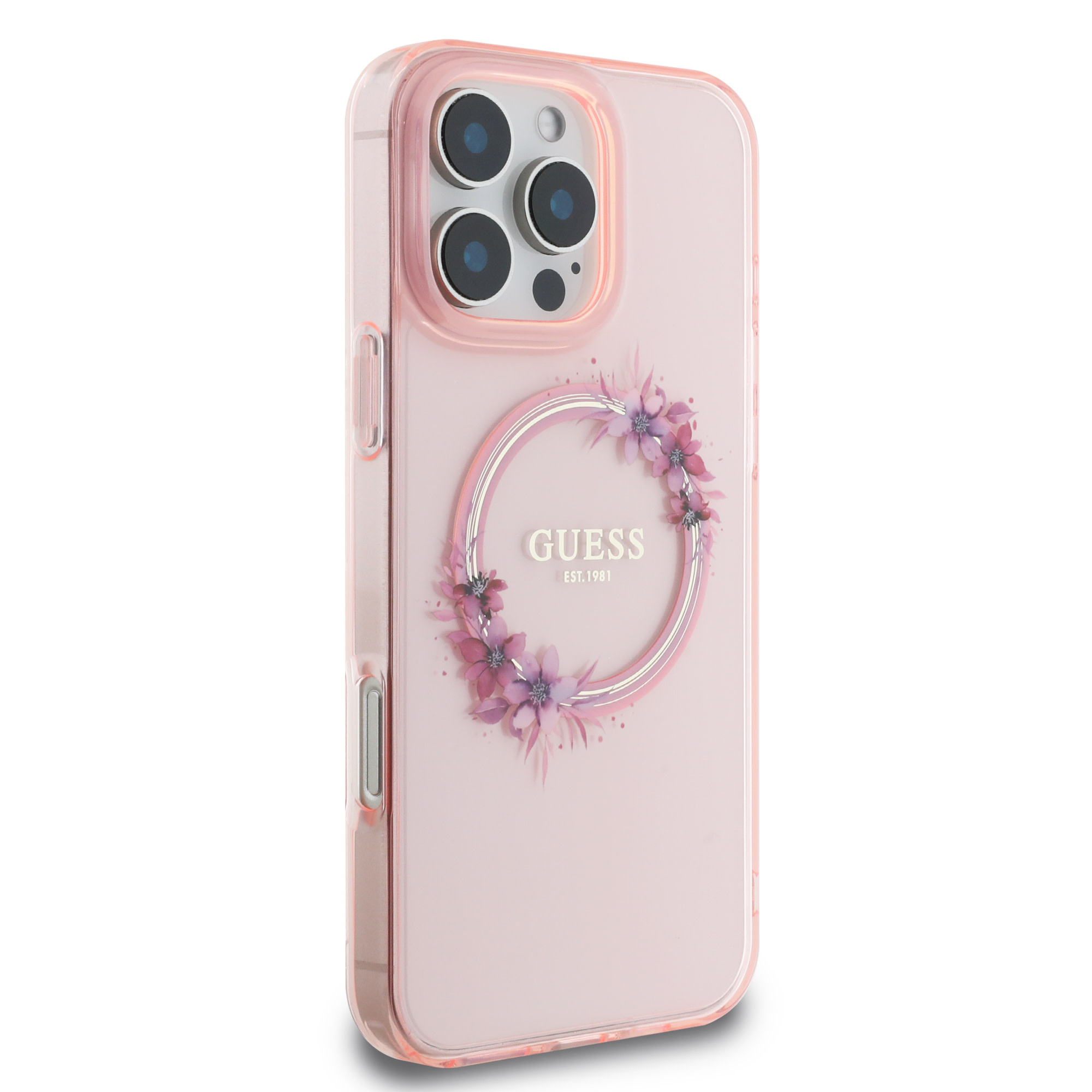 GUESS iPhone 16 Pro hoesje Magsafe IML flowers wreath - Roze - detail 3