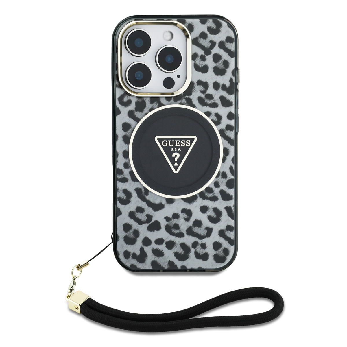 GUESS iPhone 16 Pro hoesje - Magsafe - Leopard print with Nylon strap - Zwart - detail 1