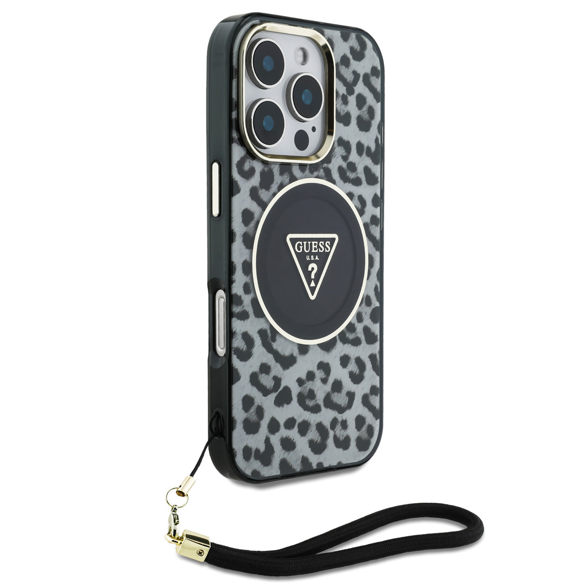 GUESS iPhone 16 Pro hoesje - Magsafe - Leopard print with Nylon strap - Zwart - detail 2