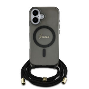 GUESS iPhone 16 hoesje Magsafe IML crossbody cord script - Zwart - productfoto
