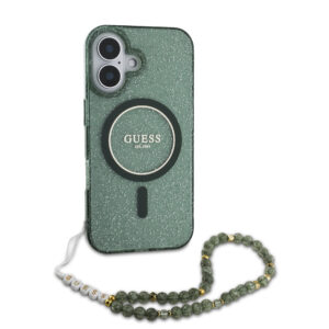 GUESS iPhone 16 Pro Max hoesje Magsafe ML Glitter with pearl strap - Groen - productfoto